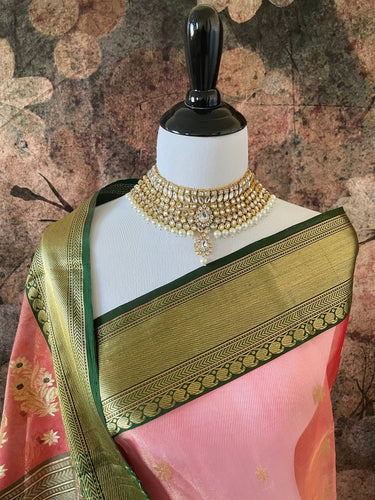 Chanderi Tissue Silk saree | Light Brick Red & Pink (Cross Shade) | Handwoven | Ships from California